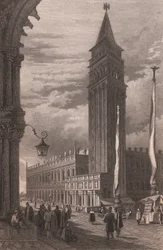 Uitzicht op de klokkentoren van San Marco in Venetië, Italië, gravure naar tekening van Samuel Prout