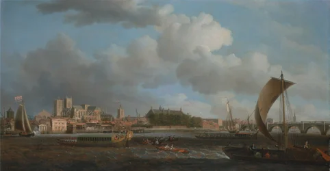 Westminster vanuit Lambeth, met de Ceremoniële Barge van de Ironmongers Company