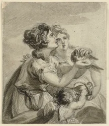 Twee vrouwen met een duif in hun handen en een cupido