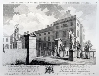 Een perspectivisch uitzicht op het Foundling Hospital, gegraveerd door Edward Rooker, 1749