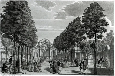 De triomfbogen, standbeeld van Handel in de zuidelijke wandelgang van Vauxhall Gardens, gegraveerd door John S. Muller