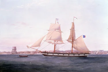 De Maria Helena voor Lissabon met de Toren van Belem voor haar Boeg