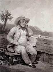 Portret van Napoleon I (1769-1821) op Sint-Helena (gravure door Samuel William Reynolds, 1820)