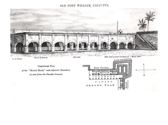 Het oude Fort William, Calcutta, met een vermoedelijk gezicht op het ‘Zwarte Gat’ en aangrenzende vertrekken, gezien vanaf het exercitieterrein