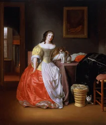 Dame in een gele en rode jurk