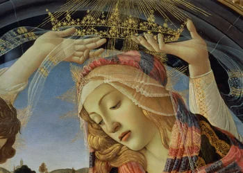 De Madonna van de Magnificat, detail van het gezicht en de kroon van de Maagd