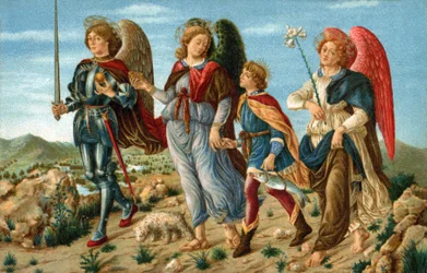 De drie aartsengelen en Tobias. De engelen Rafaël, Gabriël en Michaël begeleiden de jonge Tobias. Chromolithografie gemaakt rond 1900 voor een ansichtkaart, naar het schilderij van Sandro Botticelli (1445-1510).