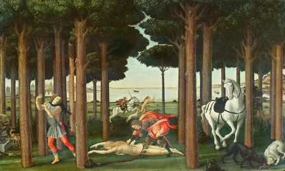 De ontleding van de vrouw achtervolgd: Scène II van Het verhaal van Nastagio degli Onesti, ca. 1483