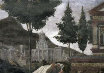 De Reiniging van de Melaatse en de Verzoeking van Christus, in de Sixtijnse Kapel: detail van een denkbeeldige stad in een landschap, 1481 (detail)