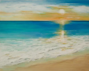 Zeegezicht bij zonsondergang, 2019 (acryl op doek)
