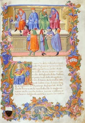 Tribunale della Mercanzia (Tribunaal van Koopwaar), miniatuur uit Statuten van de Kooplieden nr. 6 door Sano di Pietro