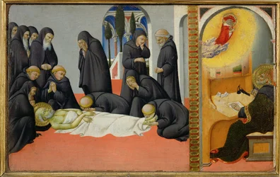 De dood van de heilige Hiëronymus onder zijn discipelen: hij verschijnt aan de heilige Cyrillus, bisschop van Jeruzalem ...