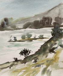 Landschap in gedempte aquarelkleuren