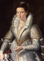 Portret van een dame in een witte, met goud geborduurde jurk