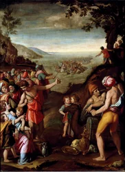 De doortocht door de Rode Zee. Het Hebreeuwse volk, op de vlucht uit Egypte, steekt de Rode Zee over, geleid door Mozes. Schilderij door Santi di Tito (1536-1603) Florence, Kabinet van Francois I, Palazzo Vecchio