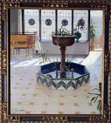 De fontein onder de veranda. Schilderij door Santiago Rusiñol y Prats (1861-1931) 1894