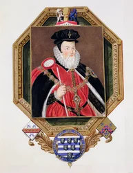 Portret van William Cecil, 1e Baron Burghley, uit Herinneringen aan het hof van koningin Elizabeth, naar een schilderij van Marcus Gheeraerts de Jongere, gepubliceerd in 1825
