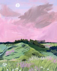 Roze lucht boven glooiende heuvels