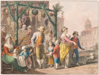 Aquarel; Een fruitkraam in Napels met Kerstmis
