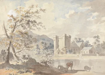 Kasteel Onder Bergen met Paarden bij een Rivier