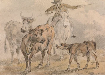 Man op een paard die twee koeien en een kalf hoedt