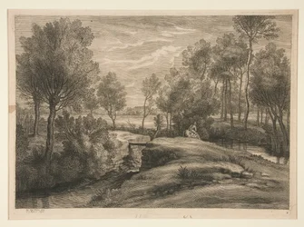 Landschap met man die zijn paard water geeft
