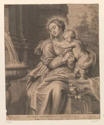 Maria met kind bij een fontein