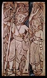 Reliëf met twee vrouwen onder een asokaboom, uit Begram, 2e-3e eeuw na Christus (ivoor)