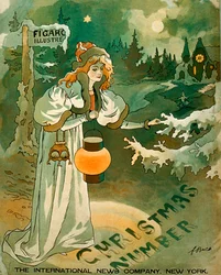 Kerstposter met een vrouw die een lantaarn vasthoudt voor een met sneeuw bedekt huisje (lithografie)