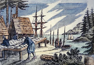 Vissers die kabeljauw drogen in New England, uit een 17e-eeuwse houtsnede