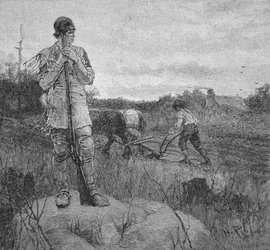 Een boerderij verdedigen tegen een Indiase aanval, naar een illustratie van Howard Pyle