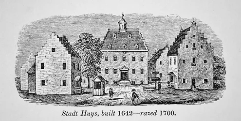 Het Nederlandse Stadt Huys, Nieuw Amsterdam (New York), gebouwd in 1642 en gesloopt in 1700