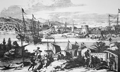 Uitzicht op St. Augustine, Florida in de 17e eeuw