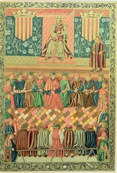 Koning Jacobus I de Veroveraar zit de Cortes van Lleida voor in maart 1242, uit een manuscript van de 