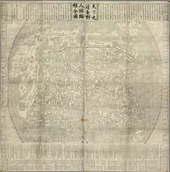 Een kaart van China en aangrenzende landen. Landmarks zoals de Grote Muur. Gedateerd 1645.