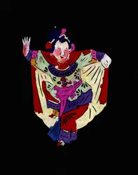 Vrouwelijk personage van de Pekin Opera, danseres. Geschilderd papierknipsel of "Jian Zhi", Chinese volkskunst, Pekin.