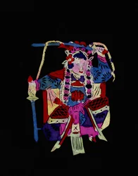 Vrouwelijk personage uit de Pekin Opera met schommels. Geschilderd papierknipsel of "Jian Zhi", Chinese volkskunst, Pekin.