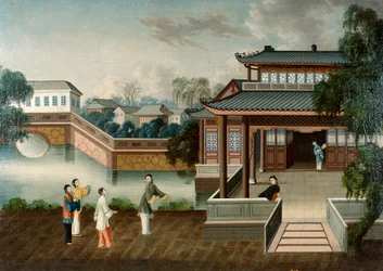 Figuren die een herenhuis aan de rivier naderen, c.1800