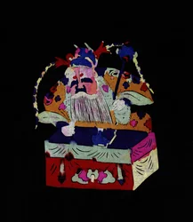 Mannelijk karakter, Chinese godheid. Geschilderd papierknipsel of "Jian Zhi", Chinese volkskunst, Pekin.