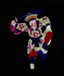 Mannelijk personage uit de opera van Pekin. Geschilderd papierknipsel of "Jian Zhi", Chinese volkskunst, Pekin.
