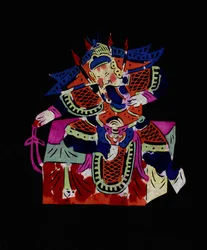 Mannelijk personage uit de Pekin Opera met masker. Geschilderd papierknipsel of "Jian Zhi", Chinese volkskunst, Pekin.