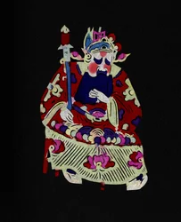 Mannelijk personage uit de Pekin Opera met masker. Geschilderd papierknipsel of "Jian Zhi", Chinese volkskunst, Pekin.
