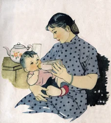 Moeder geeft haar baby een fles. Illustratie, in "Comment mieux nourish nos enfants", Uitgave Le Journal de la Sante, Pekin