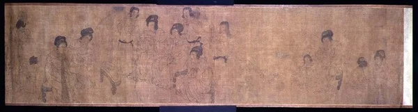 Paleisdames in hun vrije tijd, handrol, detail van dames die muziek maken, naar een origineel van Wen-chu Chou (fl.970) Zuidelijke Sung-periode, ca.1140