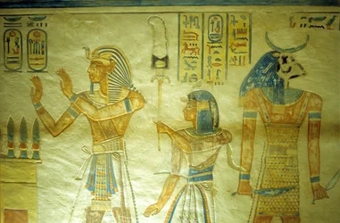 Oud Egypte, schilderij/gravure, Amon hir Khopshef graf, Rameses III met zijn zoon Amon-Hir die een standaard draagt