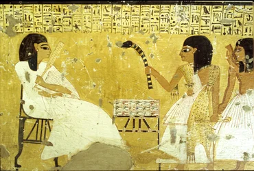 Oud Egypte, Graf van Inherkhau, Thebe, Inherkhau voor zijn zonen die de plichten van een priester vervullen, Draagt een luipaardhuid, Muurschildering, Vallei der Edelen, 20e dynastie