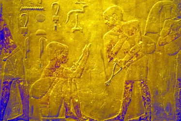 Oud Egypte, Muur gravure/schildering, Mastaba/Graf van Ti, Saqqara, 5e Dynastie, Handelen in goederen op de markt
