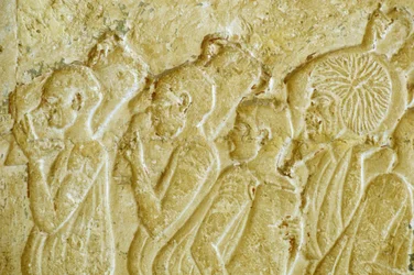 Oud Egypte, Muur gravure/schildering, Graf van Petosiris, Tuna el Gebel, 300 v.Chr., Mannen dragen wijnkruiken