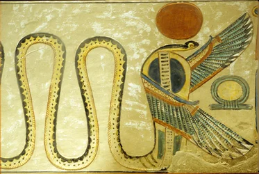 Oud Egypte, Muurschildering, Graf van Amon hir Khopshef, Uraeus en gevleugelde slangen bewaken de ingang van de grafkamer, 20e dynastie, Vallei der Koninginnen