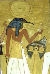 Oude Egypte, muurschildering, Tombe van Inherkhau, Thebe, God Thoth introduceert de overledene aan Osiris, 20e dynastie, Ibis-hoofdige God met maanschijf